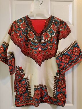 Vintage 70's Hippie L Dashiki Red & Cream